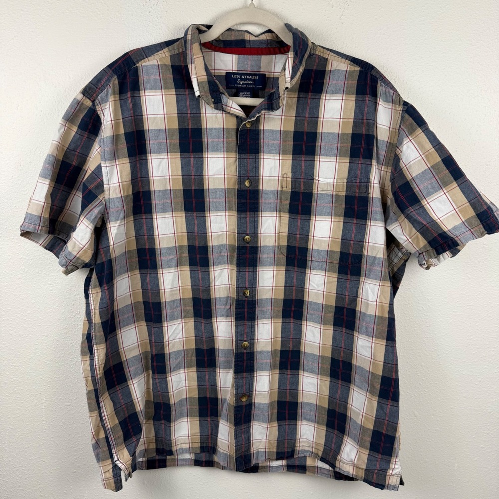 Levi Strauss Signature Mens‎ Large Plaid Button Down Shirt Short Sleeve Navy Tan